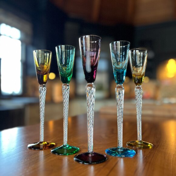 Stuart Lot 5 Long Stem Cordial Flute IONA AIR TRAP SPIRAL TWIST Colorful Crystal - Picture 4 of 16